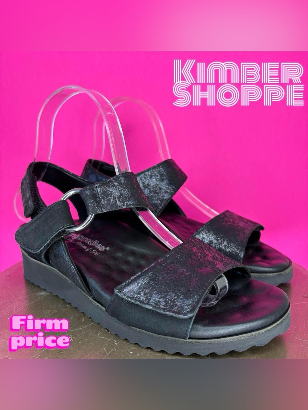 Walking Cradles Huntley Black Leather Wedge Sandal Open Toe US 6